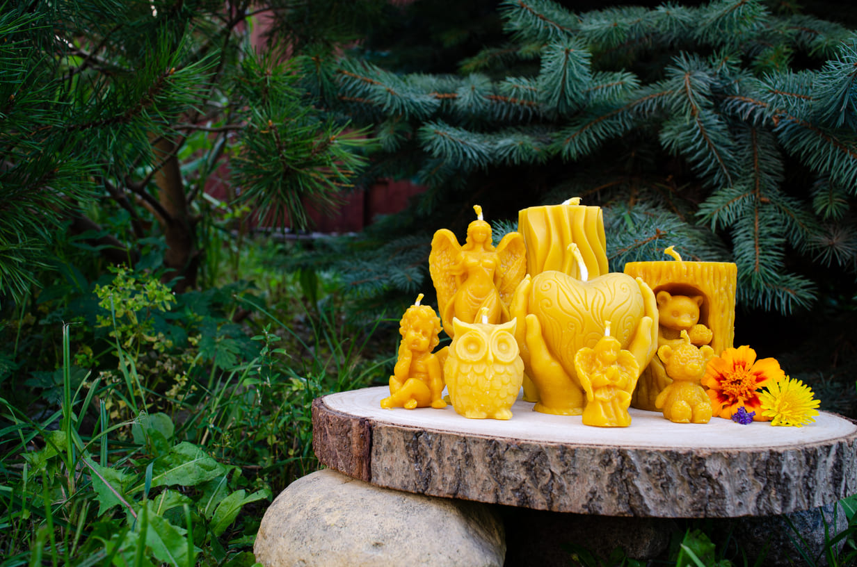 Nuotraukoje vaizduojama natūralaus bičių vaško žvakės padėtos ant kelmo.