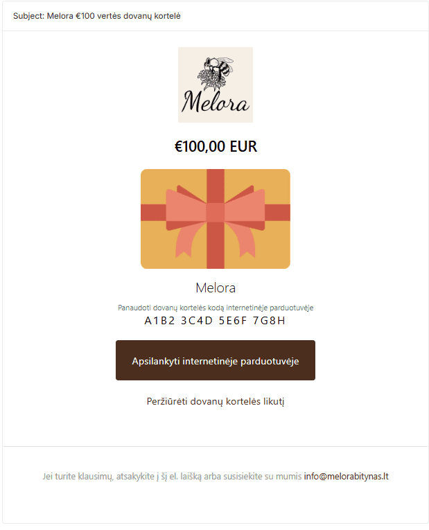 Melora Dovanų Kortelė (Internetinė) - Melora