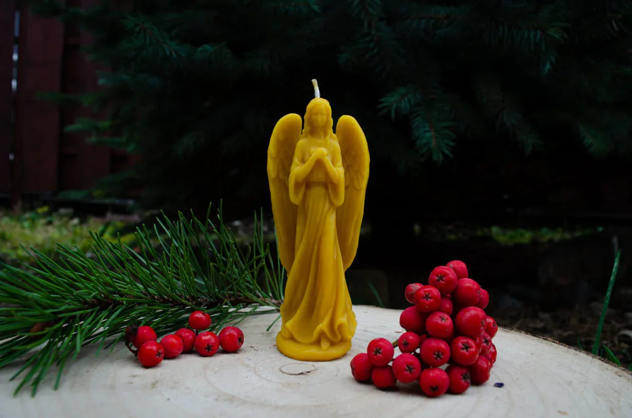 Natūralaus bičių vaško žvakė mergelė angelas pastayta ant kelmo šalia pušies šakelė ir eglė.