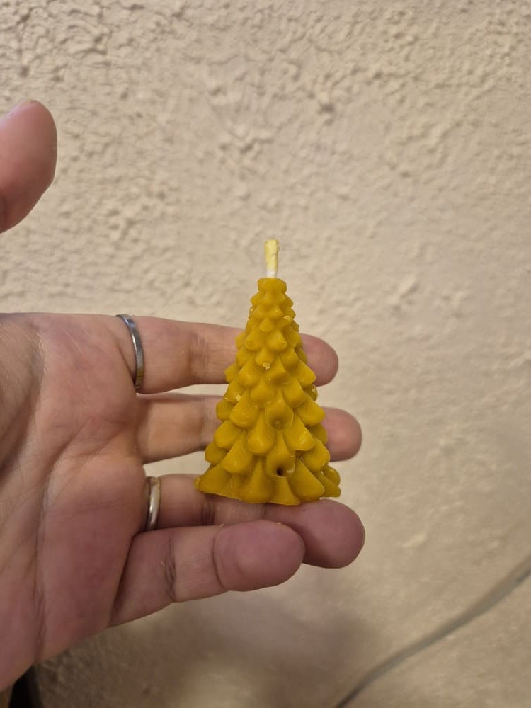 Laikoma rankoje bičių vaško žvakė Eglutė demonstruojant jos dydį.