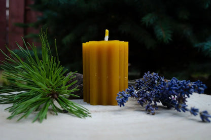Natūralaus bičių vaško žvakė Hexas pastatyta ant kelmo, šalia pušies šakelė ir levandų šakelės dekoracijos.