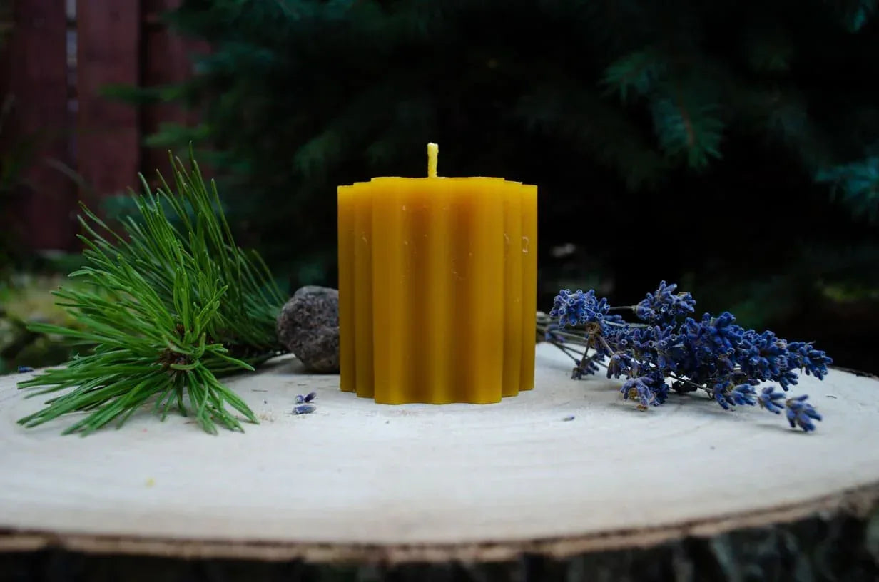 Natūralaus bičių vaško žvakė Hexas pastatyta ant kelmo.