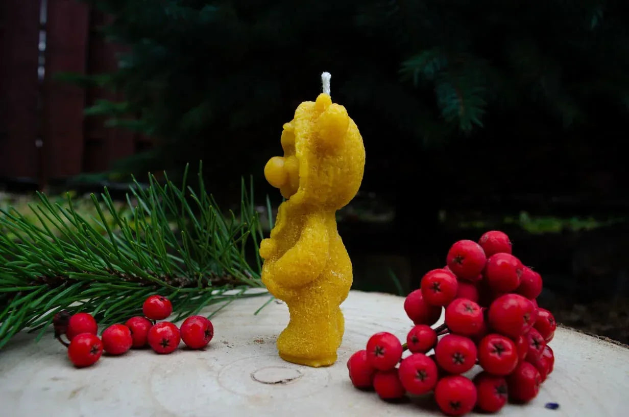 Melora natūralaus bičių vaško žvakė karvyte pastatyta šonu ant kelmo.