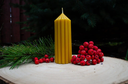 Melora natūralaus bičių vaško žvakė smailas cilindras pastatyta ant kelmo.