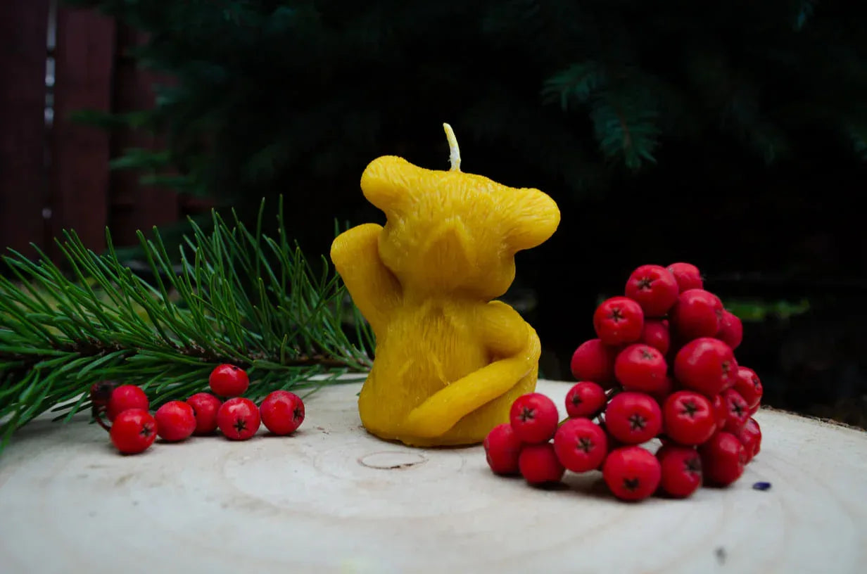 Melora natūralaus bičių vaško žvakė tigriukas pastatytas nugara ant kelmo.