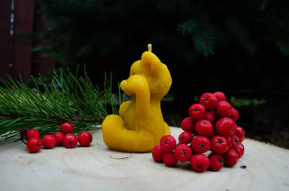 Natūralaus bičių vaško žvakė tigriukas pastatytas ant kelmo šonu šalia pušies šakelės.